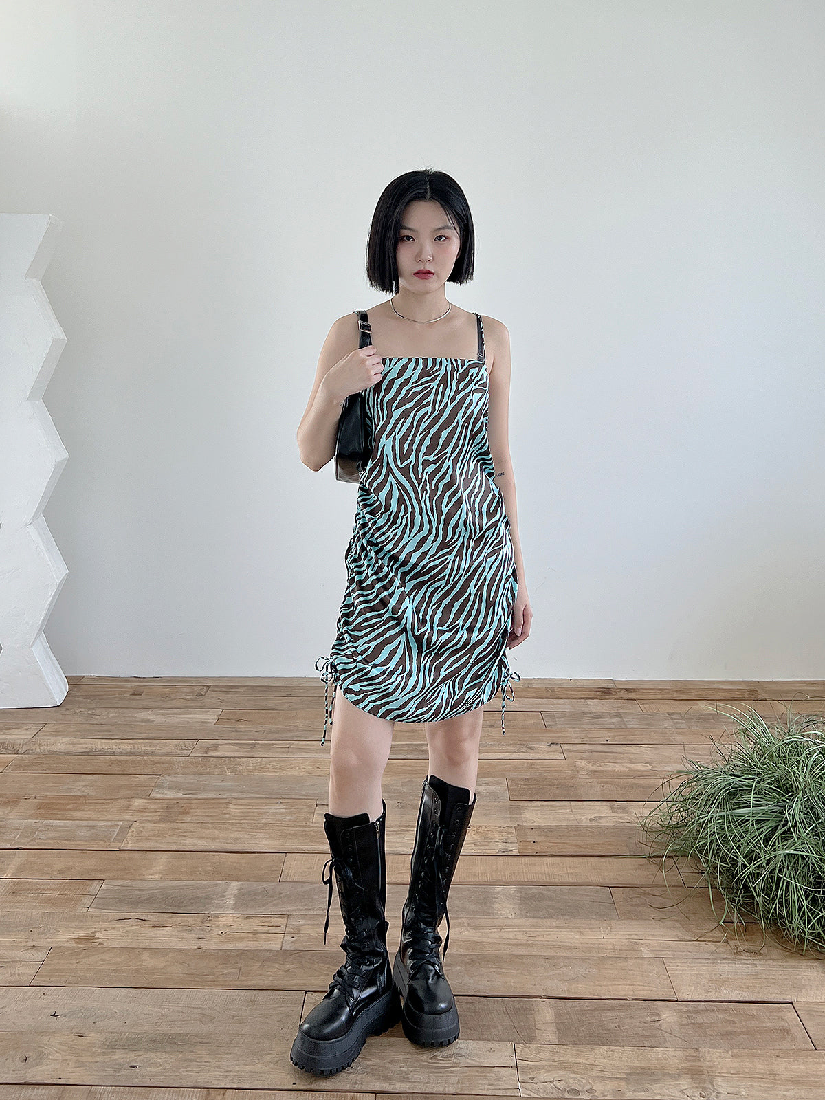 Satin Zebra Shirring Dress (2color)