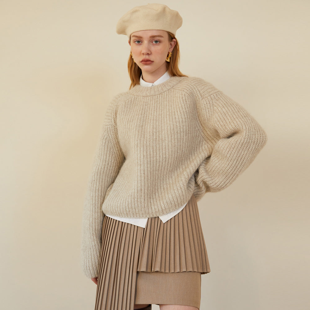 UNBAL PLEATS SKIRT (CARAMEL BEIGE)