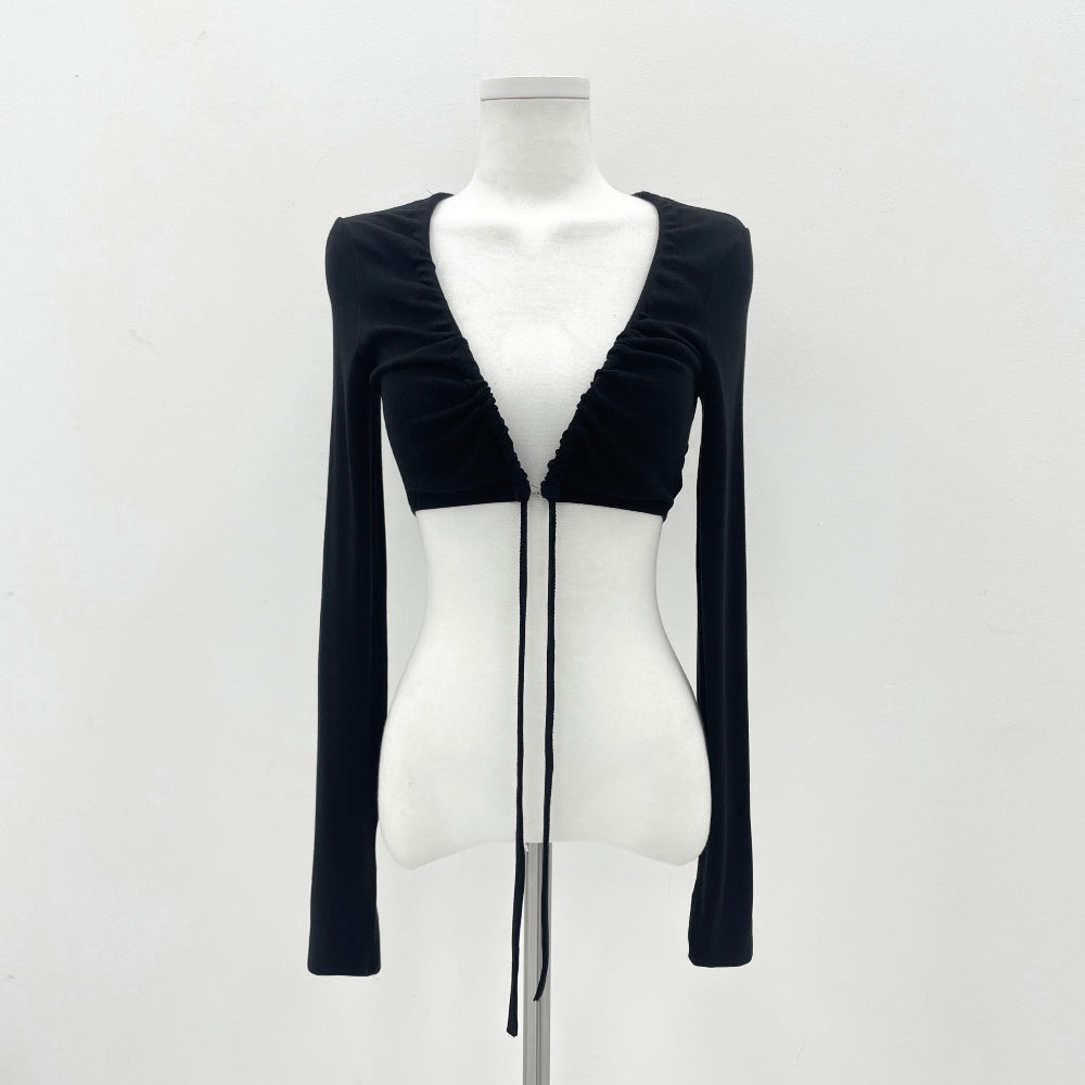 Shirring strap crop cardigan (Black)