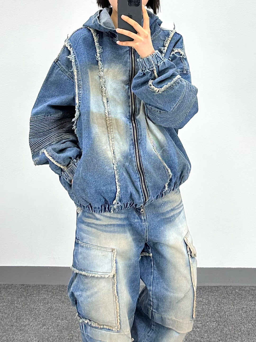 sand denim hooded jumper