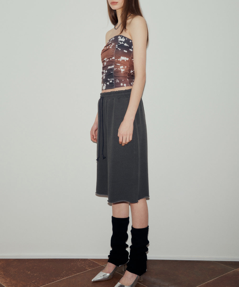 PRINTED SHIRRING TUBE TOP (BROWN)