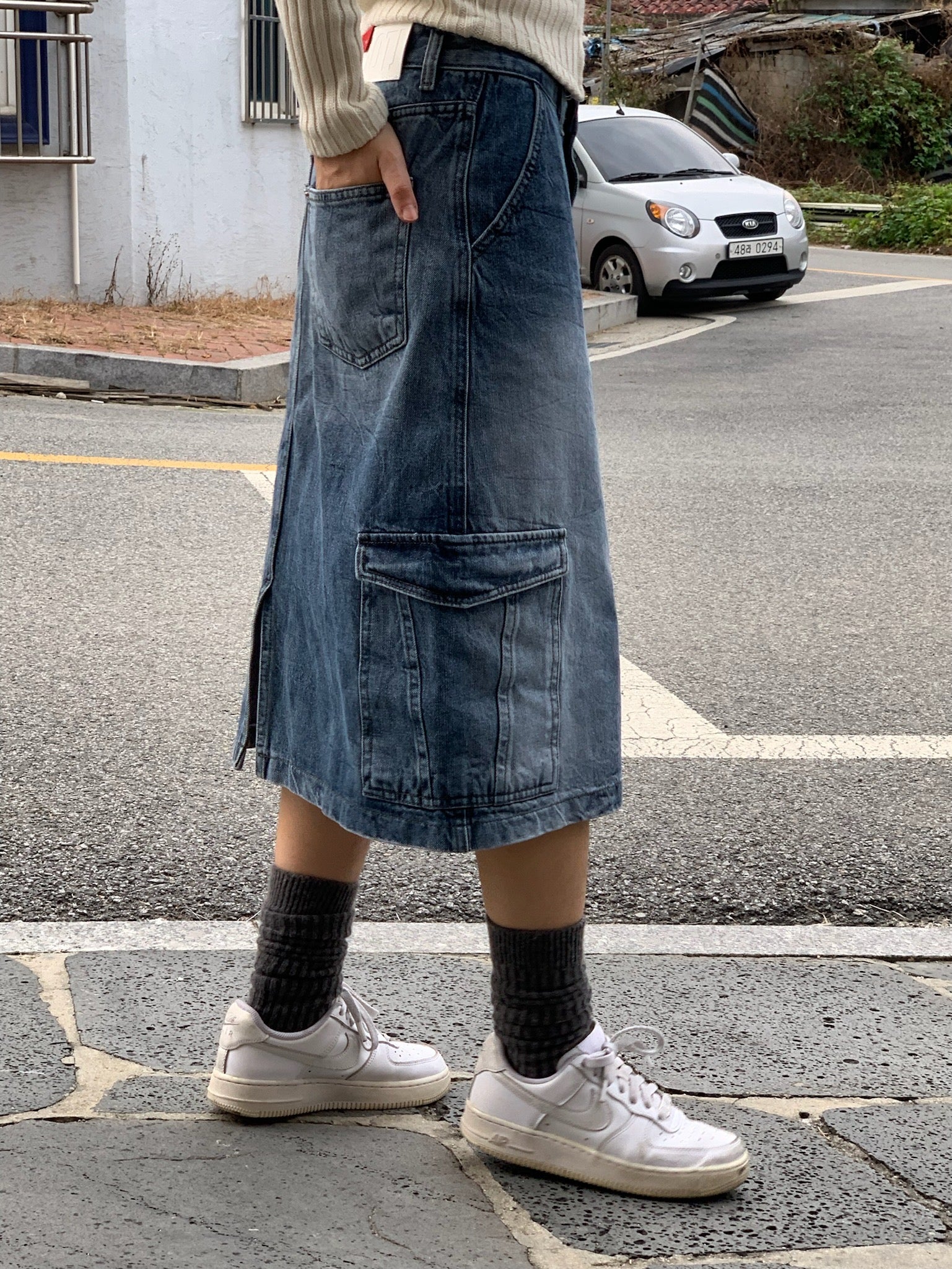 vintage cargo denim midi skirt