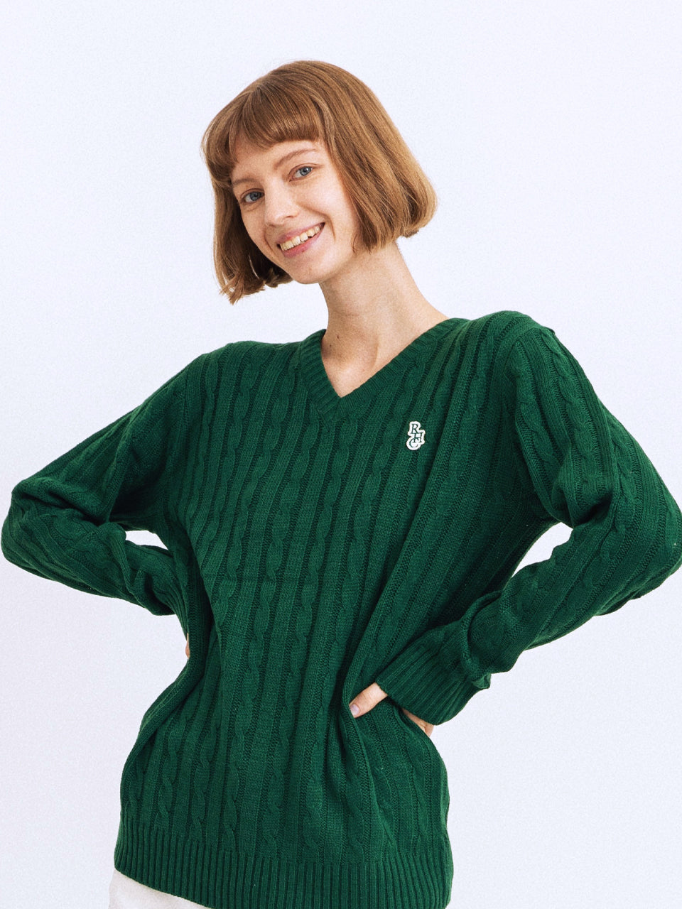 RCH mark v neck cable knit sweater green