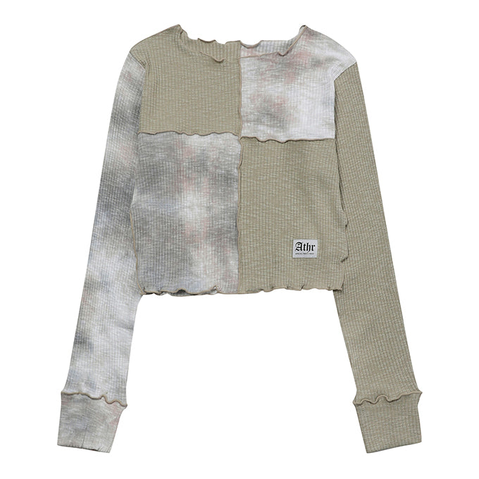 GRAY TIE-DYE BLOCK MIX CROP LONG SLEEVES T-SHIRT