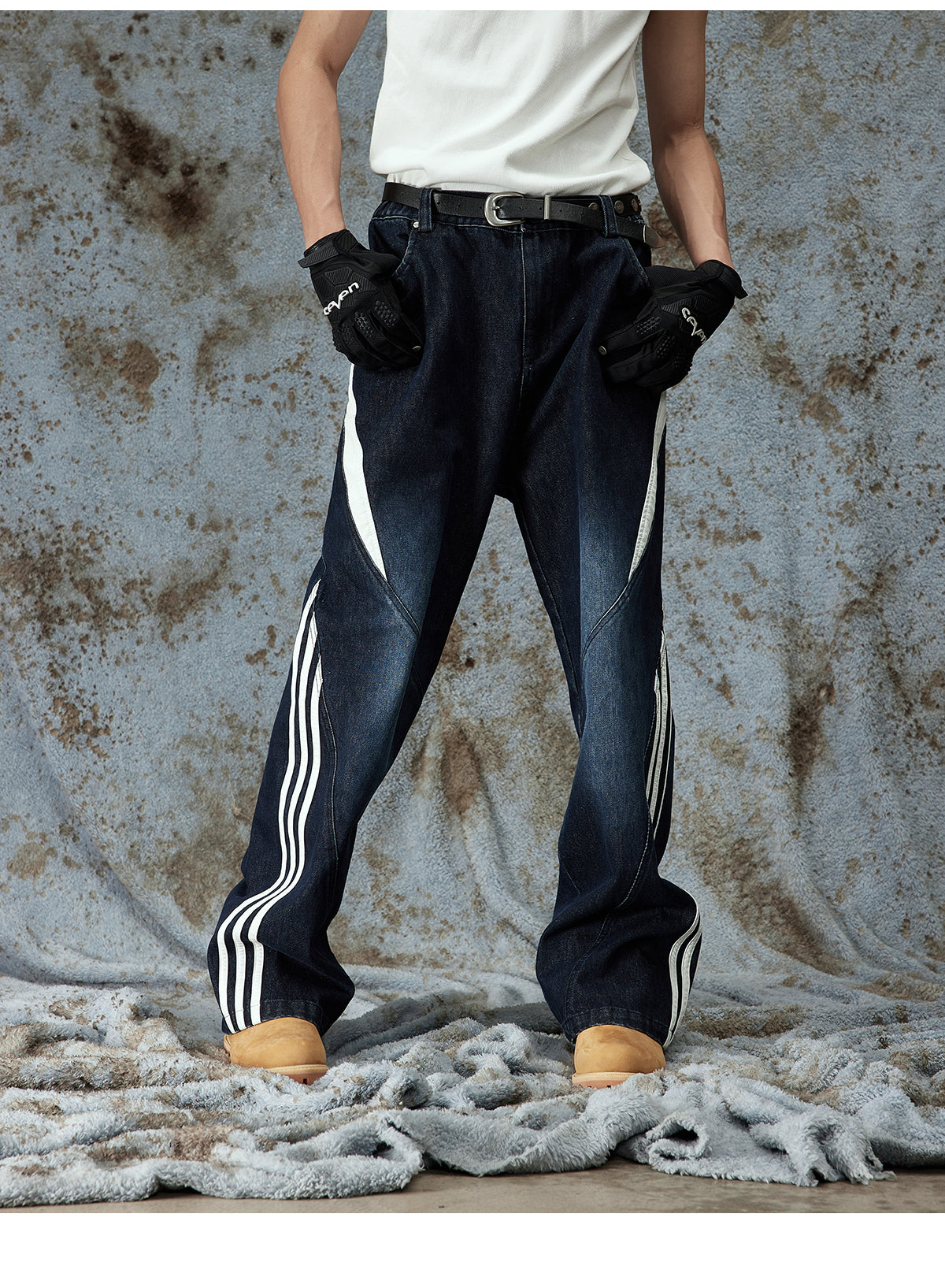 versatile deconstructed washed leather striped jeans