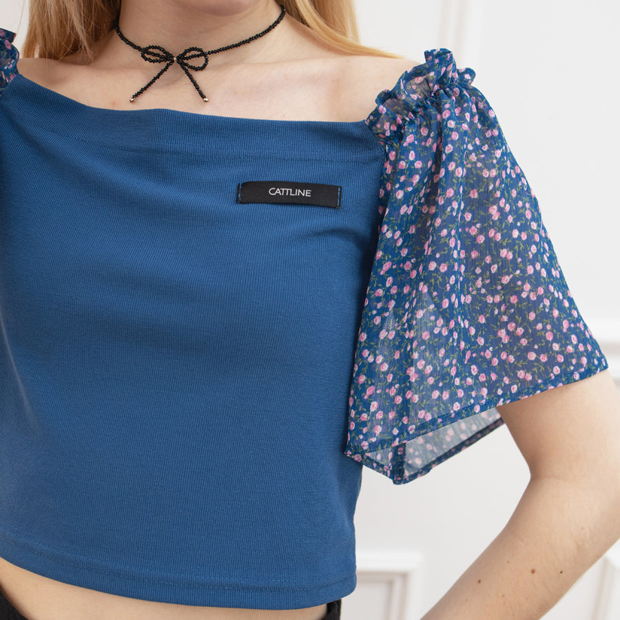 chiffon shirring t-shirt blue