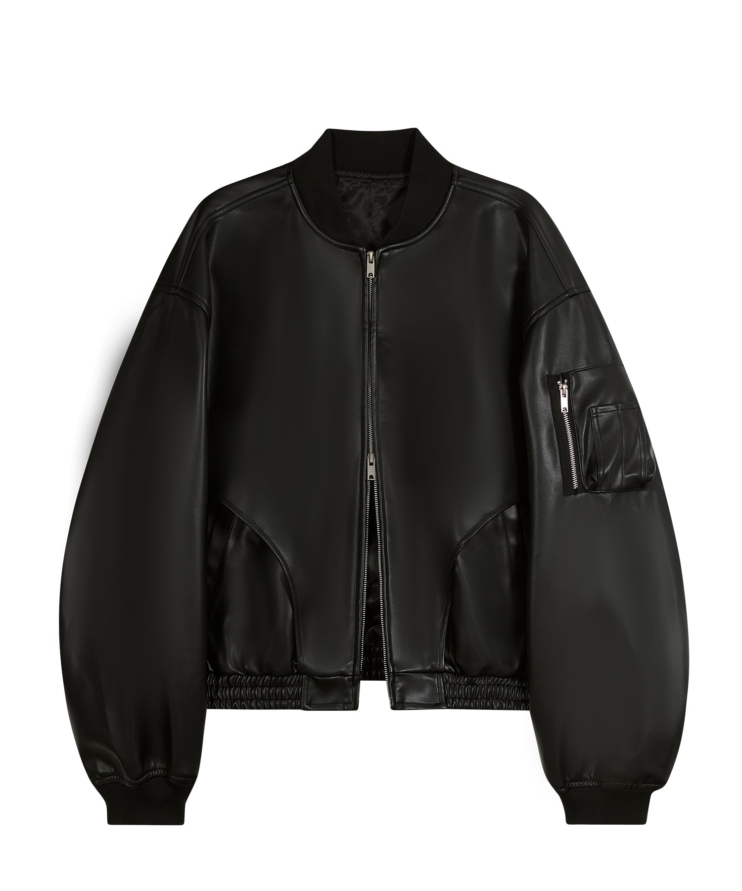 87-STAN026 [Vegan Leather] Curved Layer Bomber Leather Jacket Black