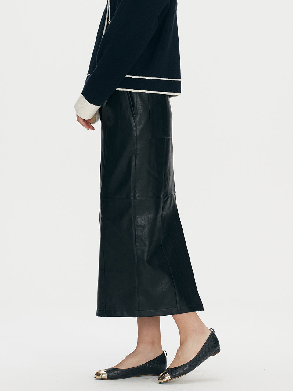 Fake leather stitch long skirt - Black