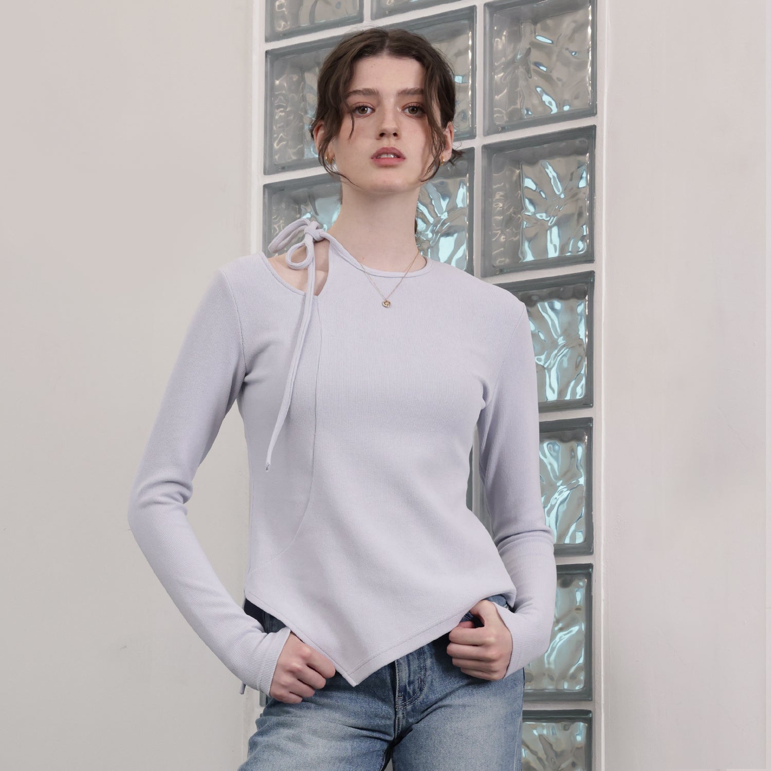 Selina Cutout Ribbon Knit Top_Sky