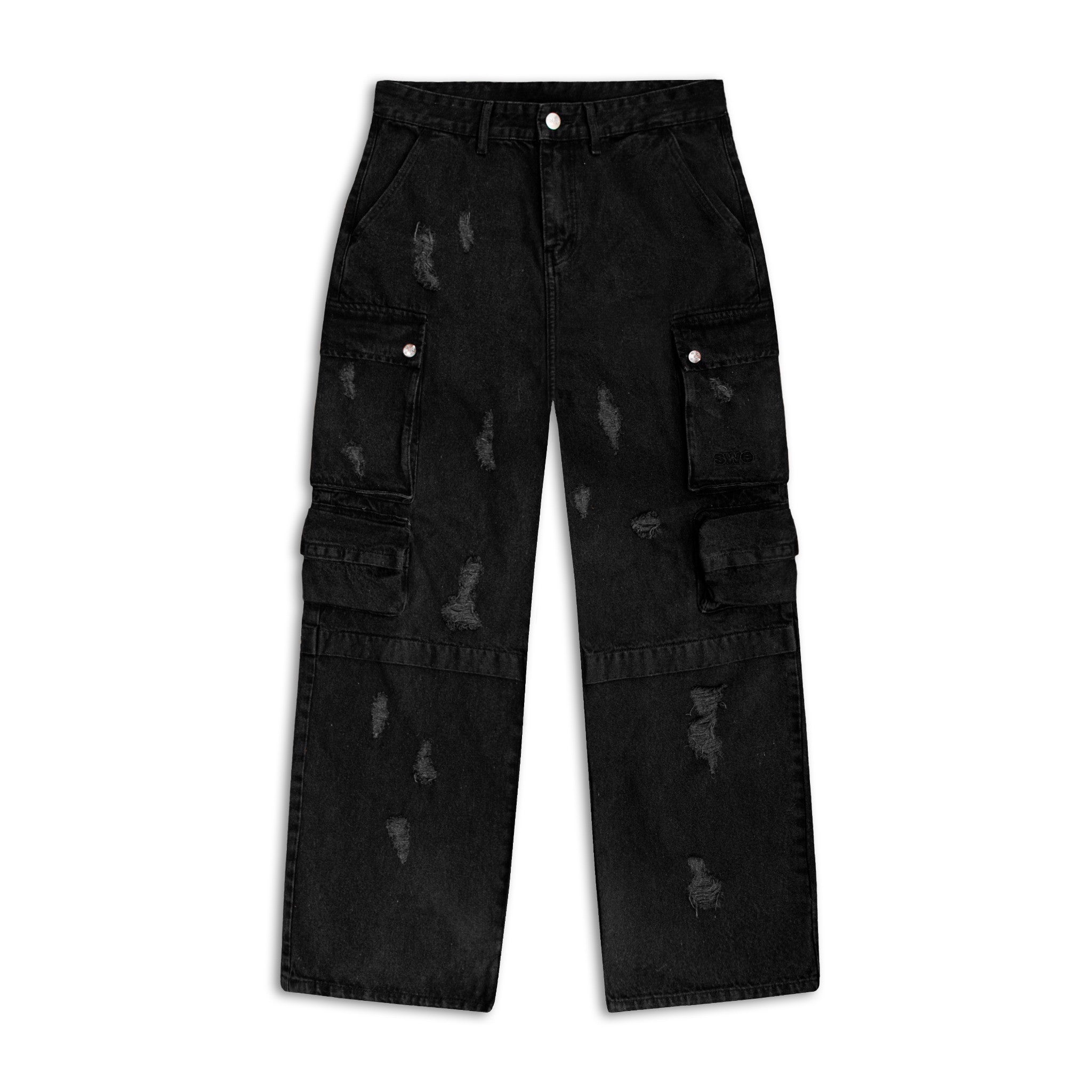 RIPPED CARGO JEANS - BLACK