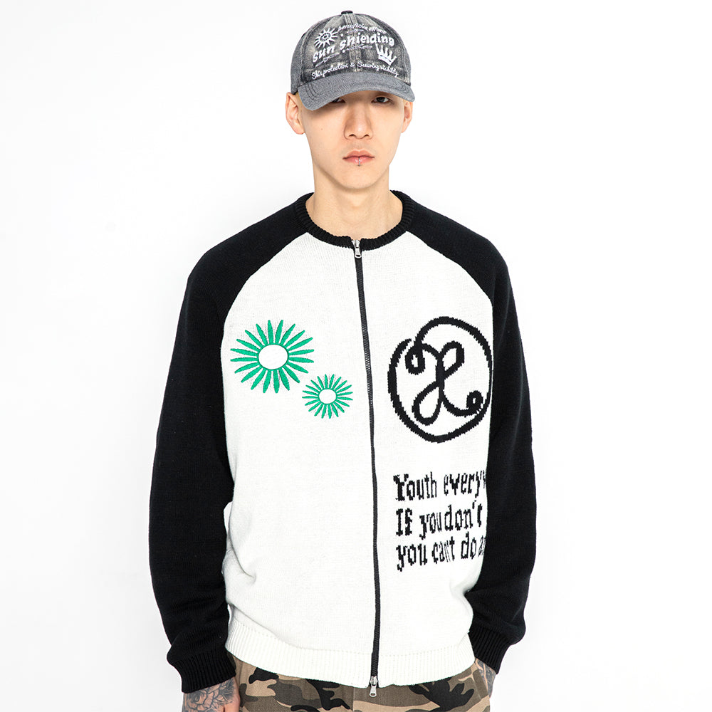 XTK073 Flower Raglan Knit Zip-Up (BLACK)