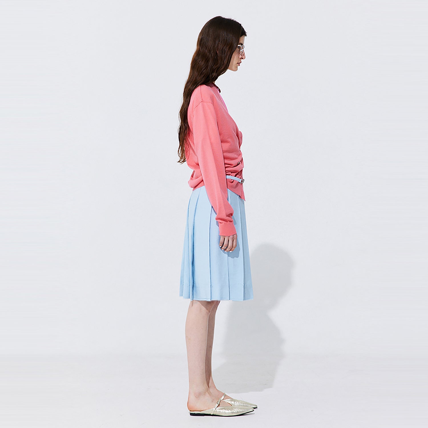 Raw-cut Pleats Skirt_Light Blue