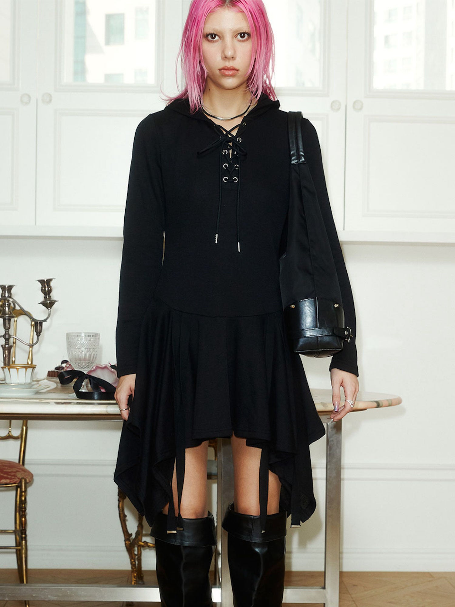 Fairy Lace Up Hood Dress (BLACK)