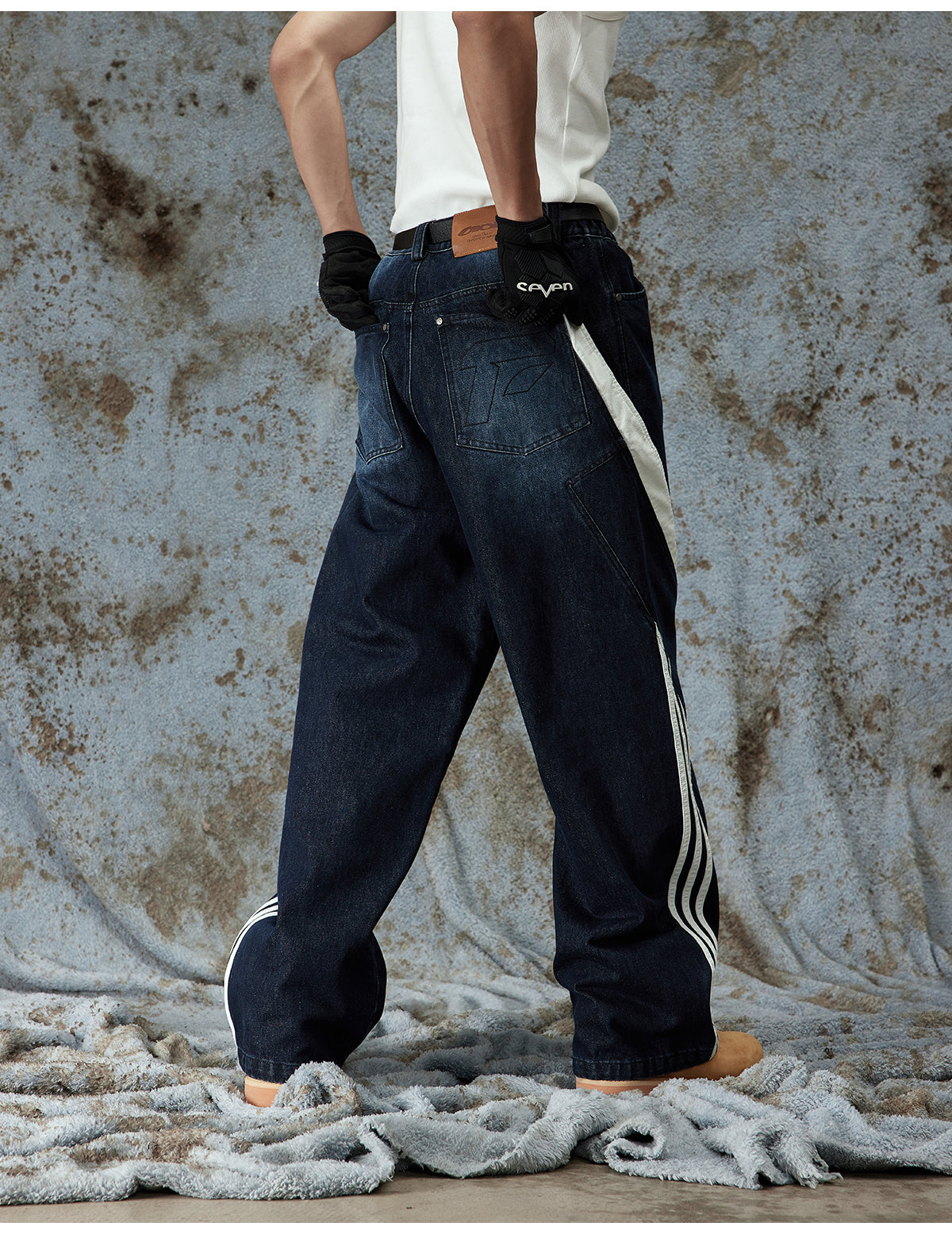 versatile deconstructed washed leather striped jeans