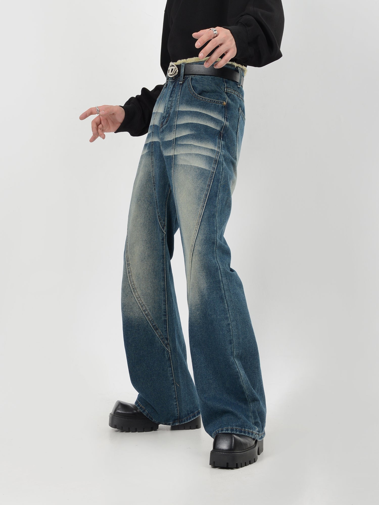 niche design pleated washed retro jeans