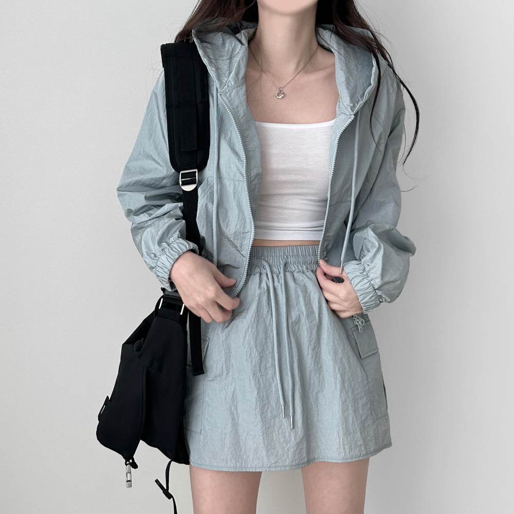 [SET] Hood windbreaker cargo mini skirt two piece