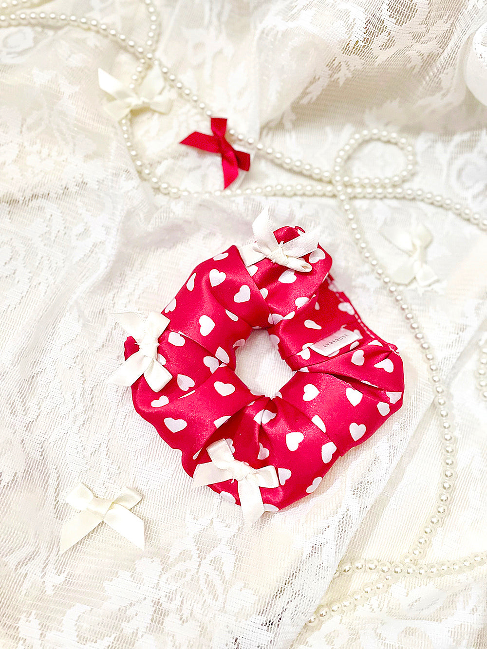 Ruby Heart Ribbon Satin Scrunchie (2Color)