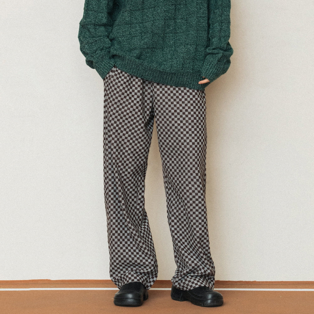 CHECKERBOARD BANDING PANTS_BROWN GREY