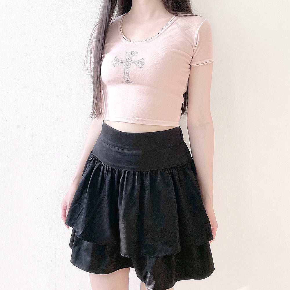 Sparkling Cubic Lace Crop T-Shirt (Pink)