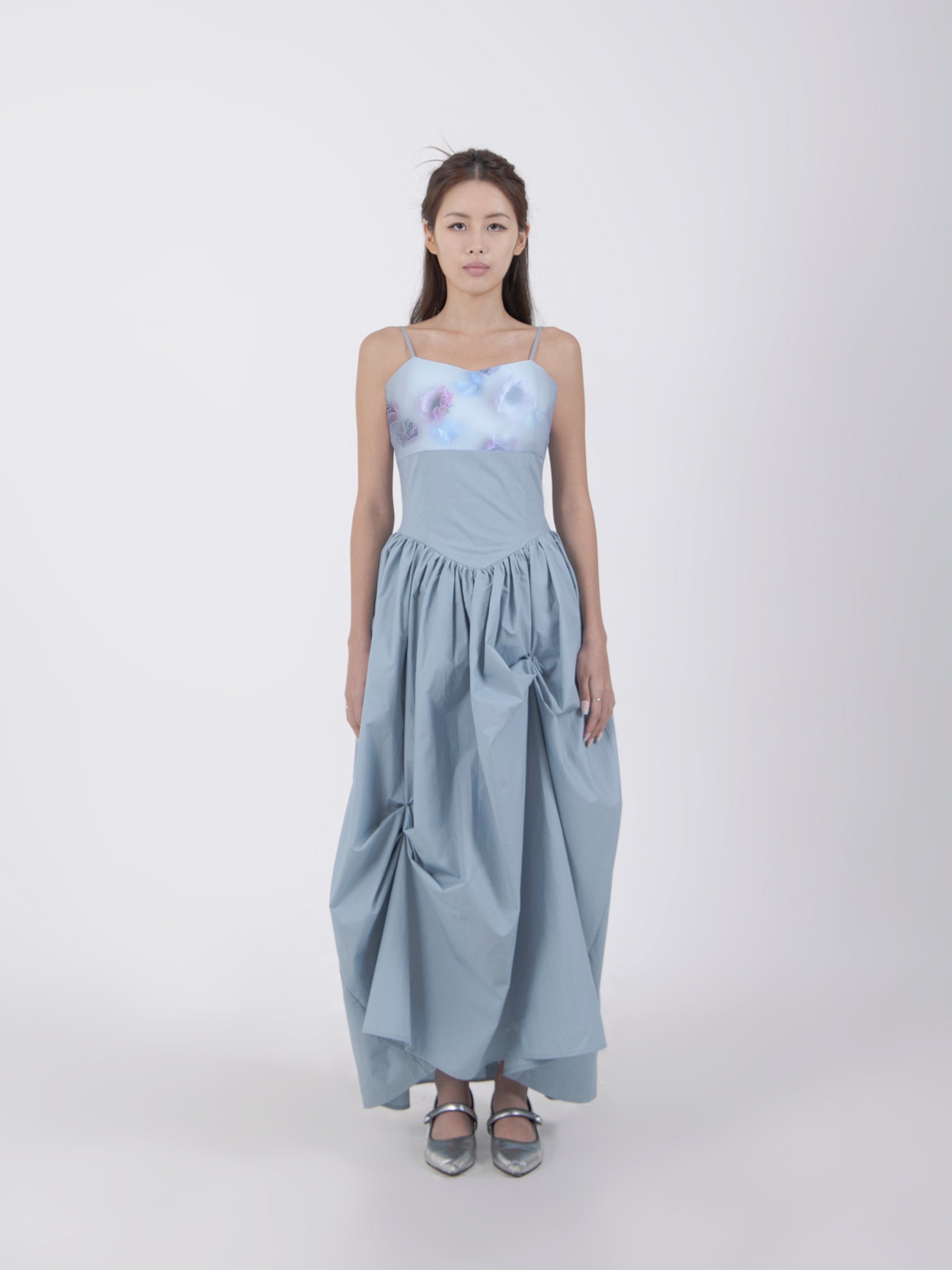 UNBALANCED SHIRRING LONG DRESS #BLUE