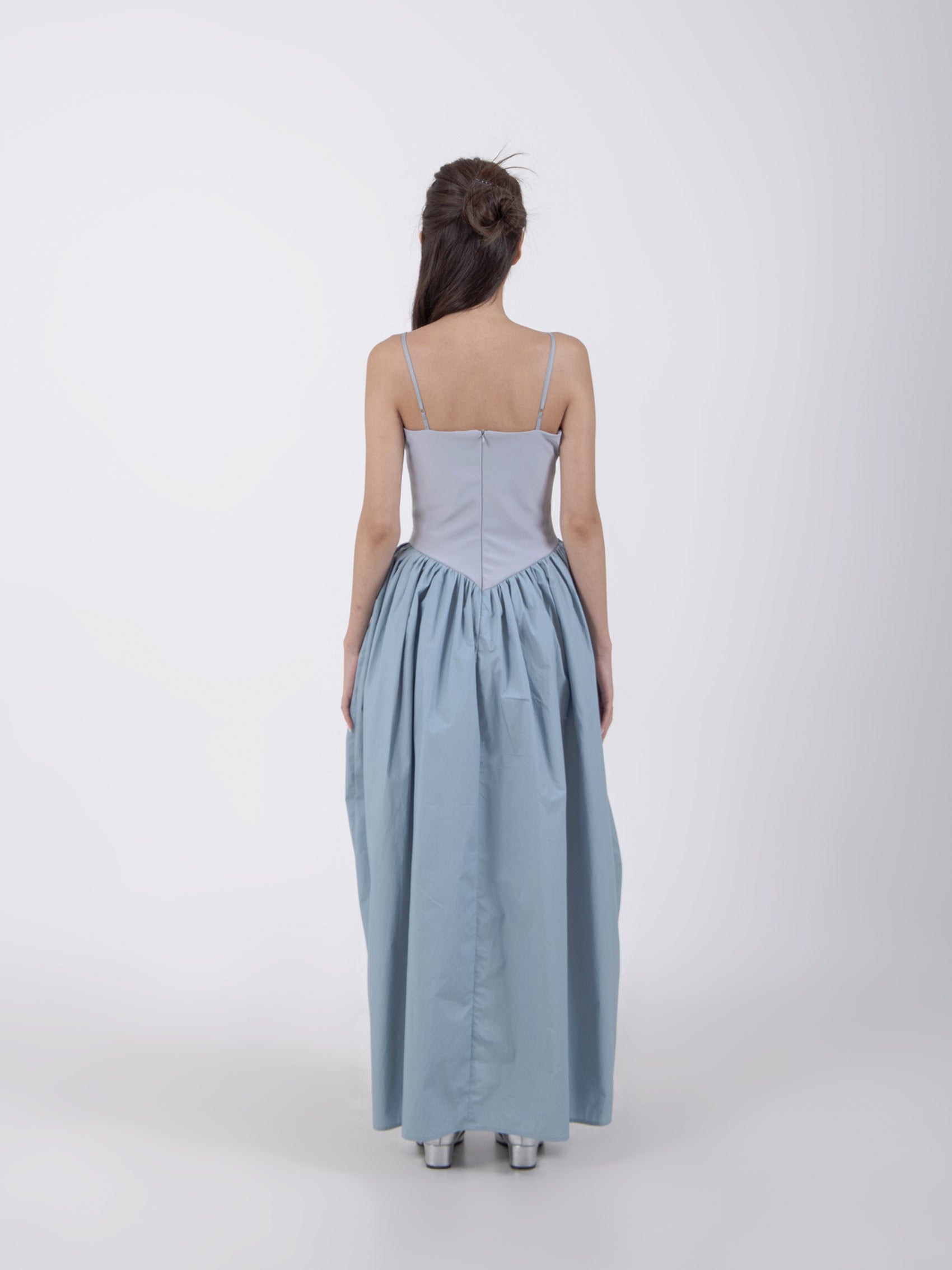 UNBALANCED SHIRRING LONG DRESS #BLUE