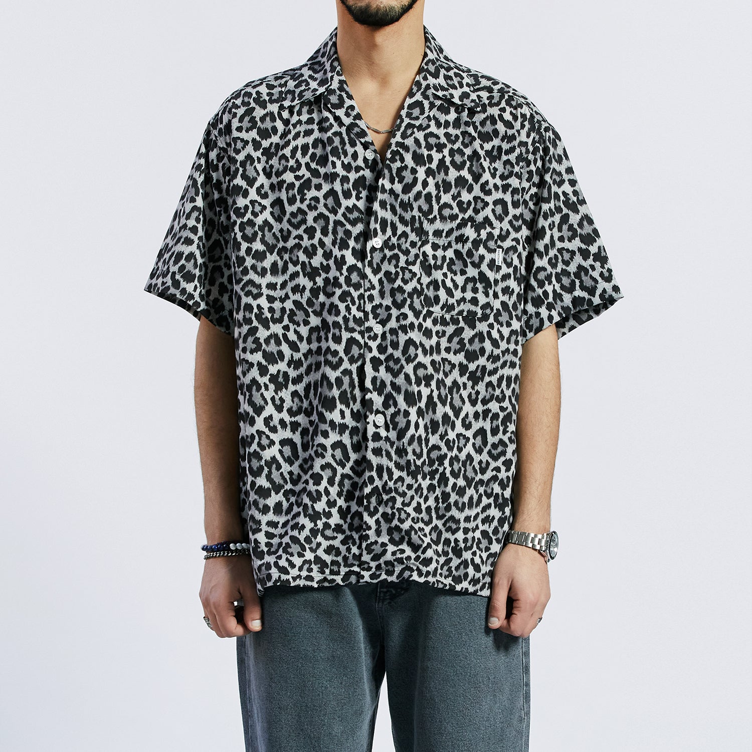 SP OVER FIT LEOPARD OPEN COLLAR SHIRTS-GRAY
