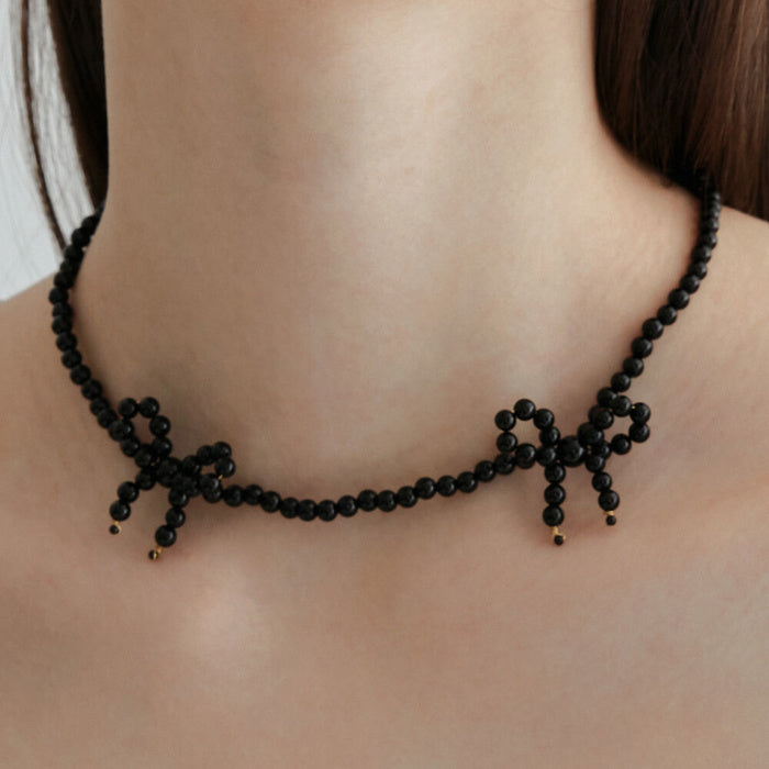 [925 SILVER] Onyx Ribbon Necklace