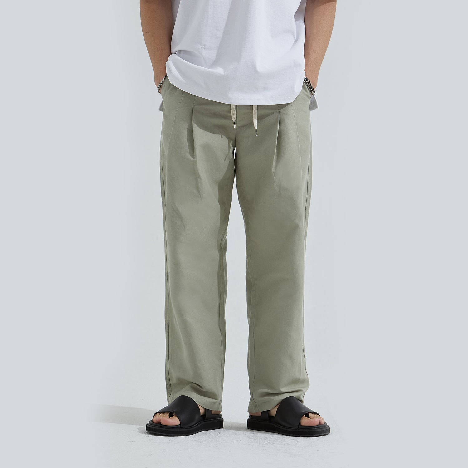 Linen Two-tuck Balloon Pants  (KHAKI GRAY)