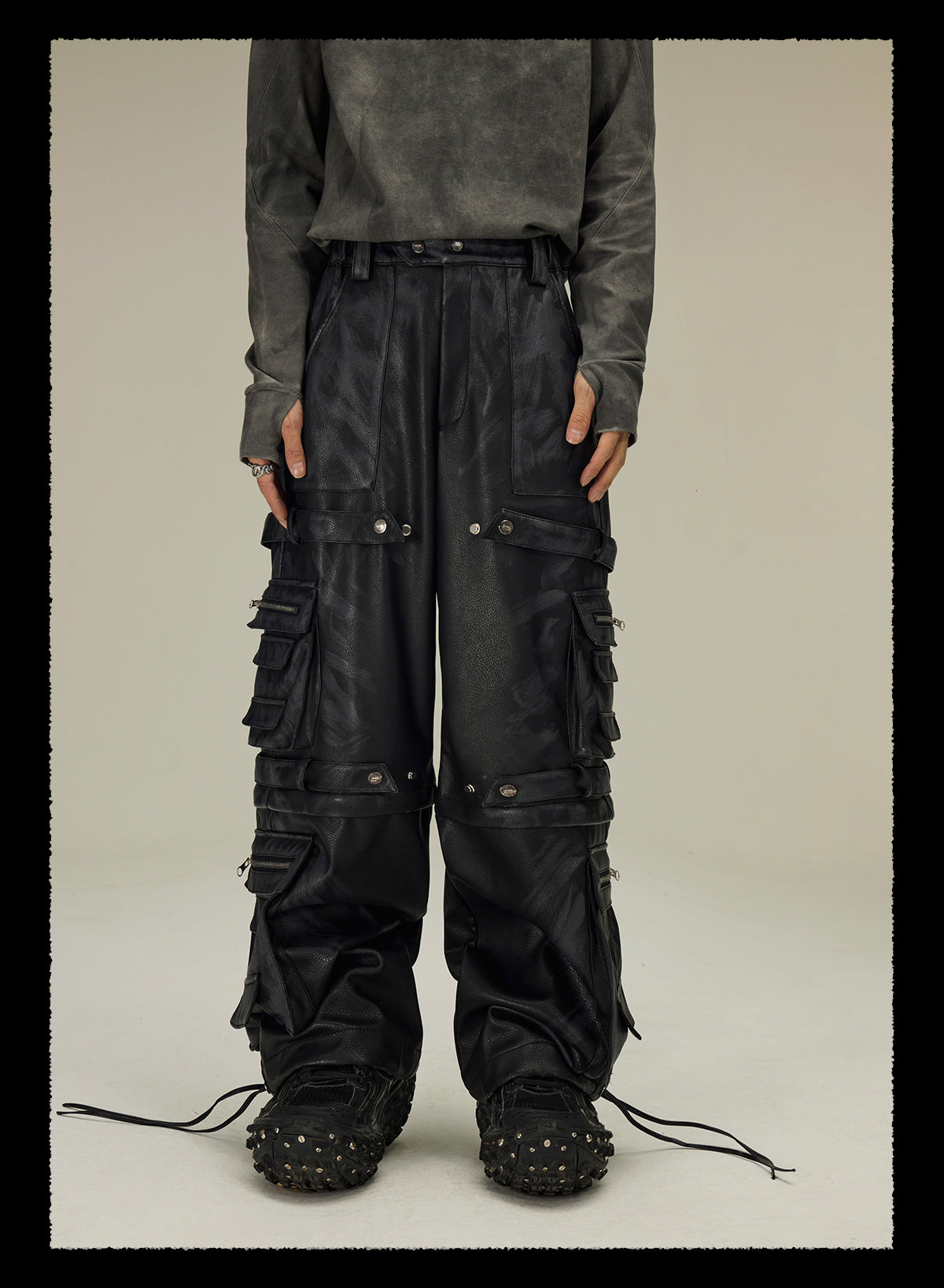  detachable multi-pocket cargo grained mud-dyed leather pants