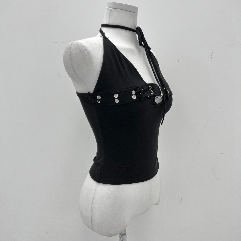 Y2K belted halter neck sleeveless top (Black)