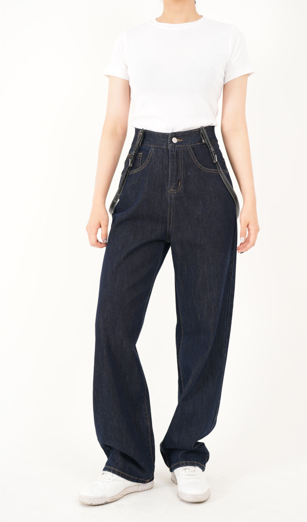 RED VELVER WENDY WORN HIGH WAIST DEEP BLUE WIDE FIT SUSPENDER DENIM PANTS [16636]