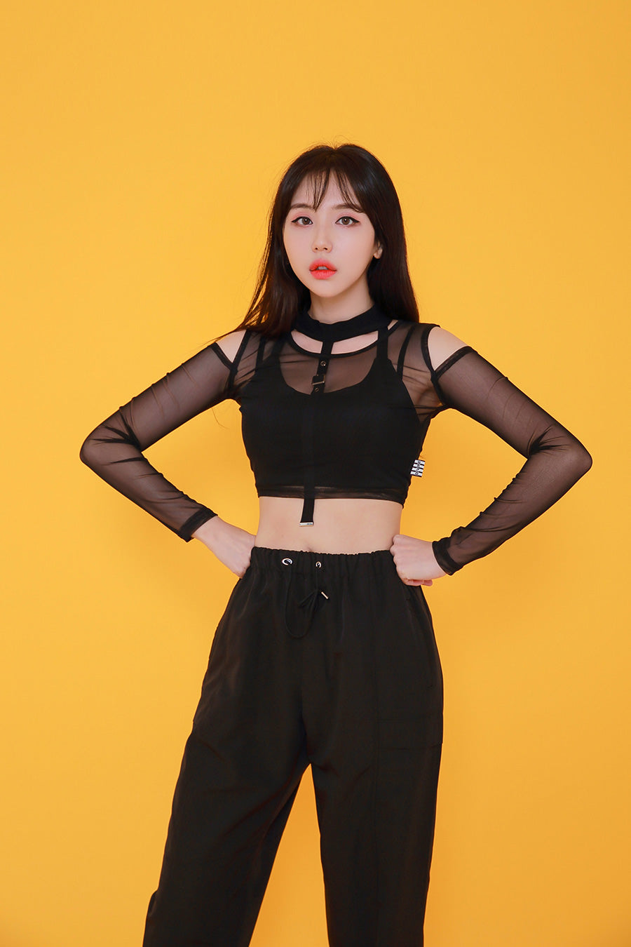 TOP(7807) Shoulder Mesh Crop Tee