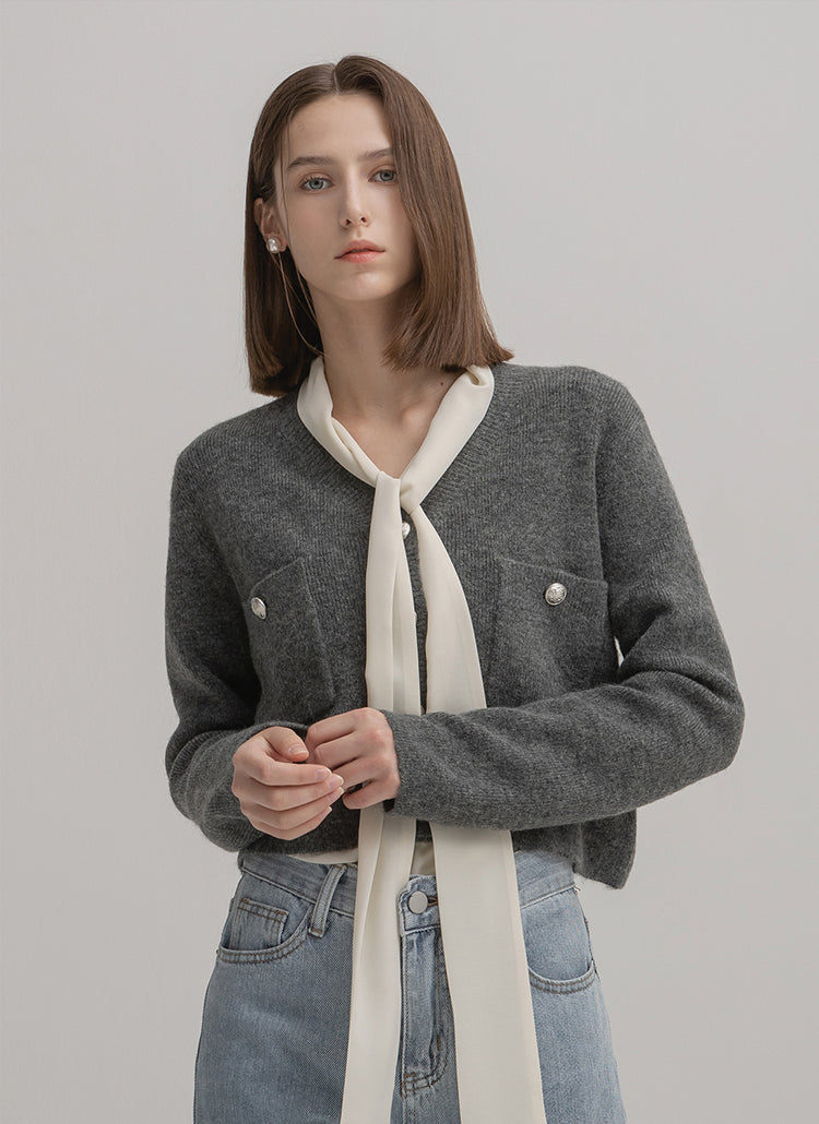 (CD-1988) Crop Hair Ribbed V-Neck Knit Cardigan