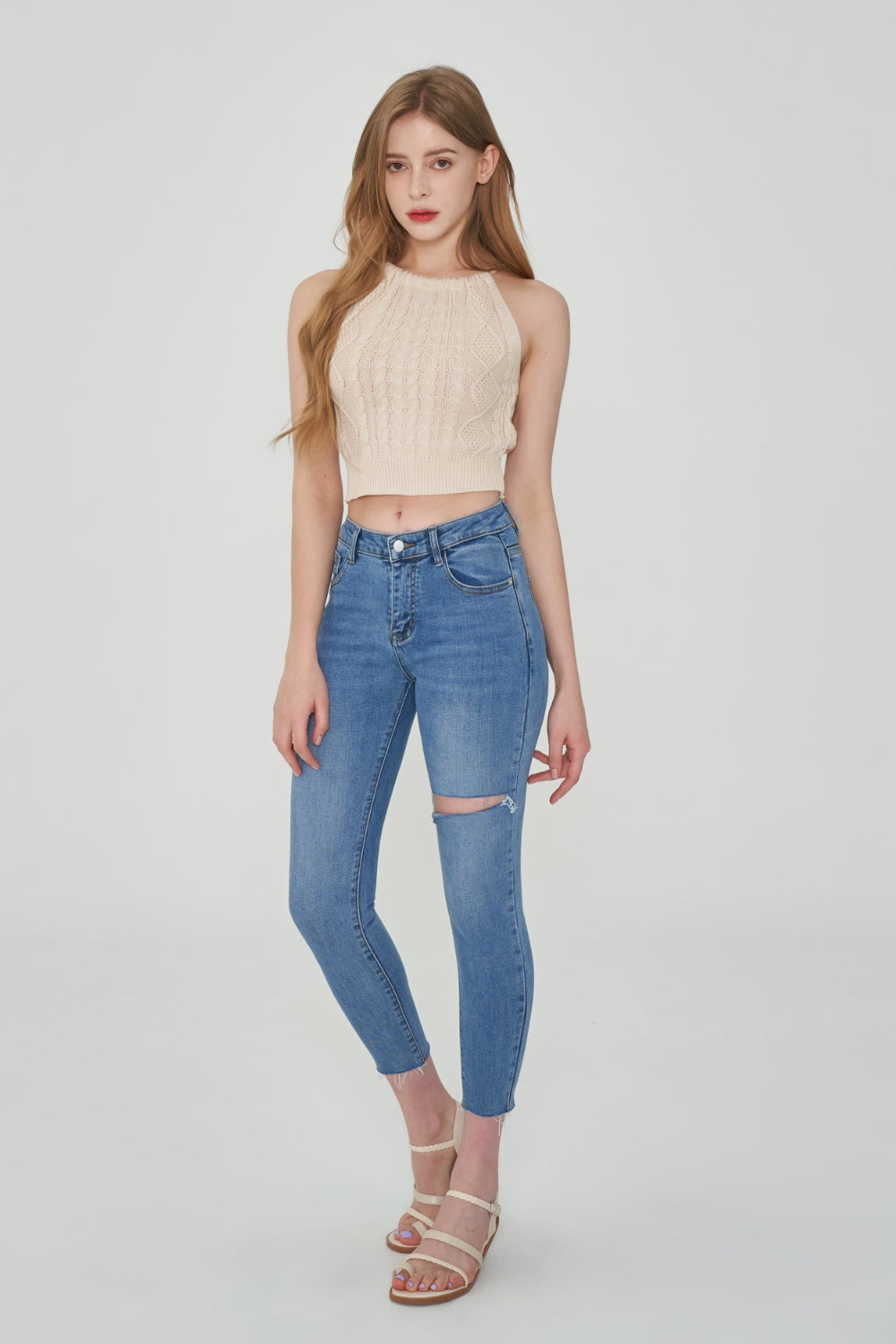 HIGH SPANDEX DESTROYED LIGHT BLUE SKINNY JEAN [6060]