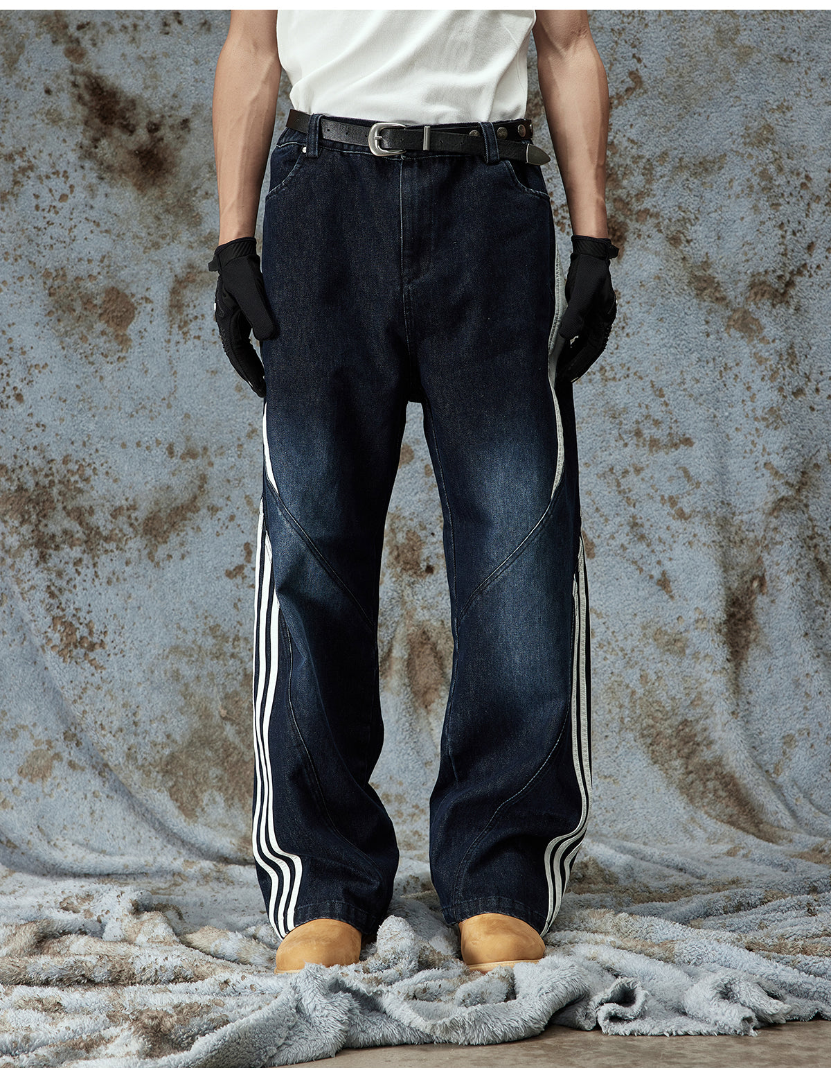 versatile deconstructed washed leather striped jeans