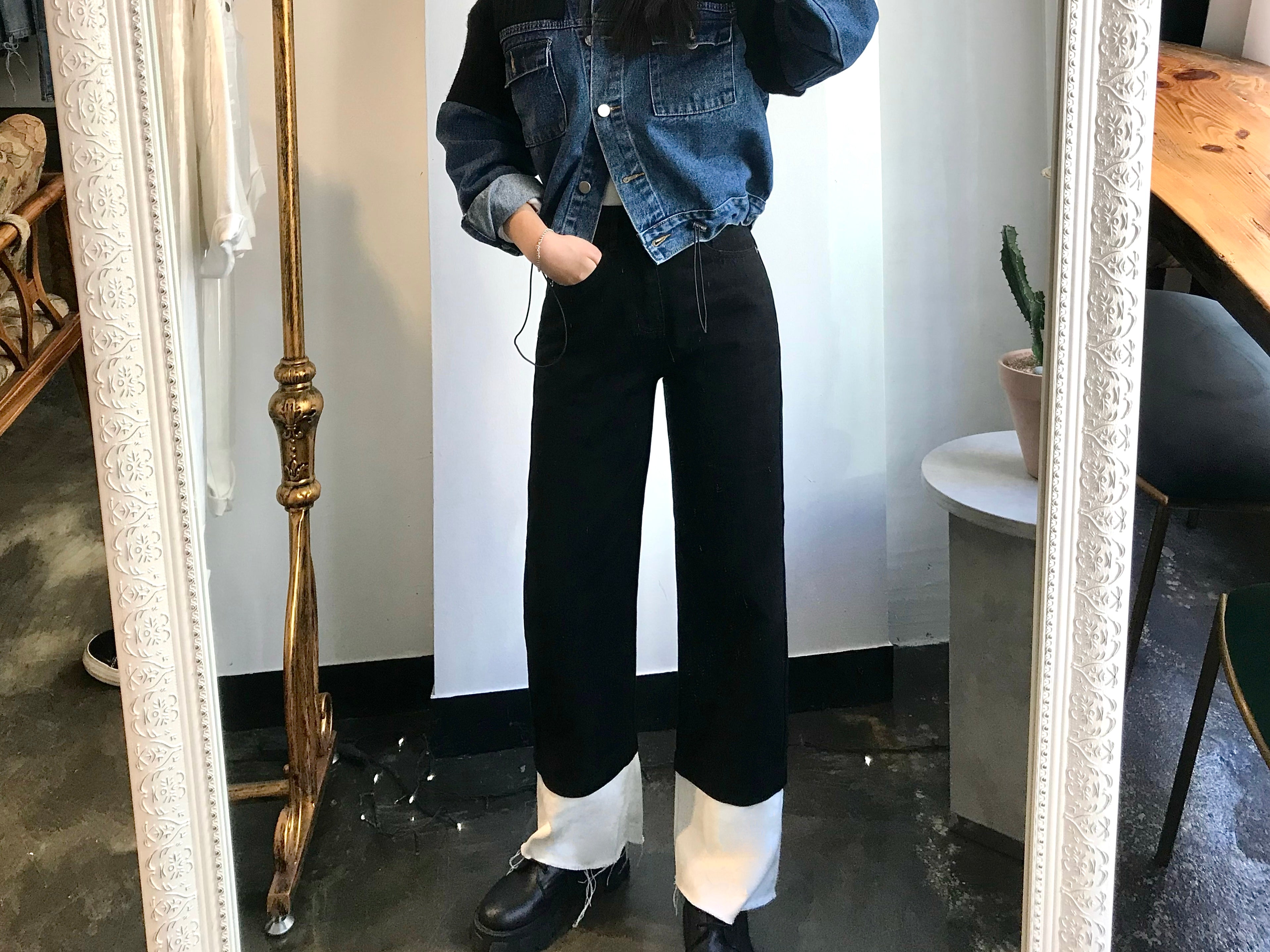 SEMI WIDE FIT BLACK+WHITE DENIM PANTS [17723]