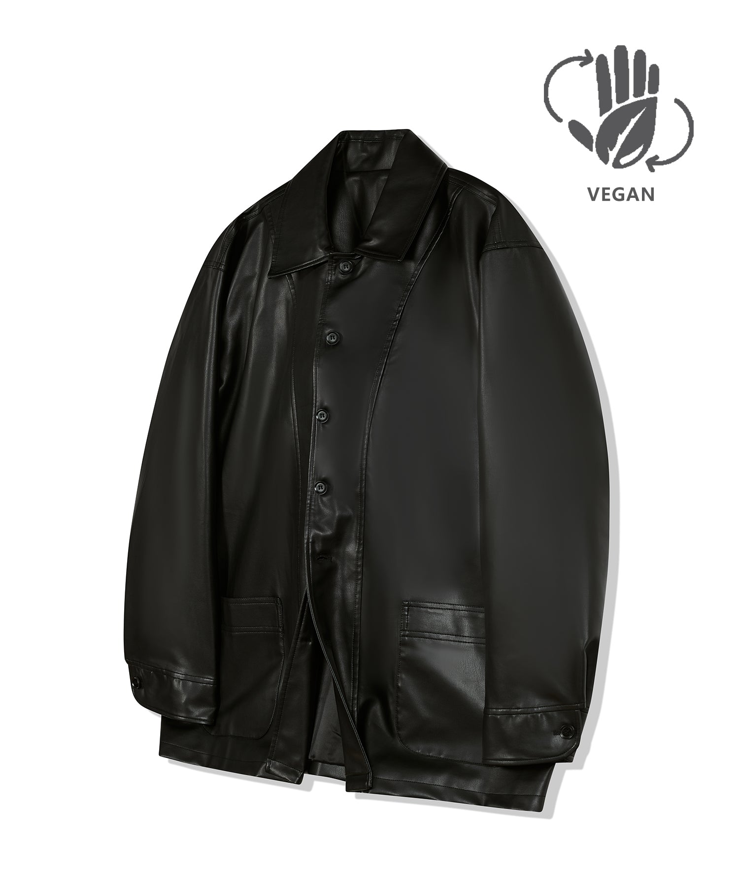 87-STAN032 [Vegan Leather] Bold Waistich Leather Jacket Black