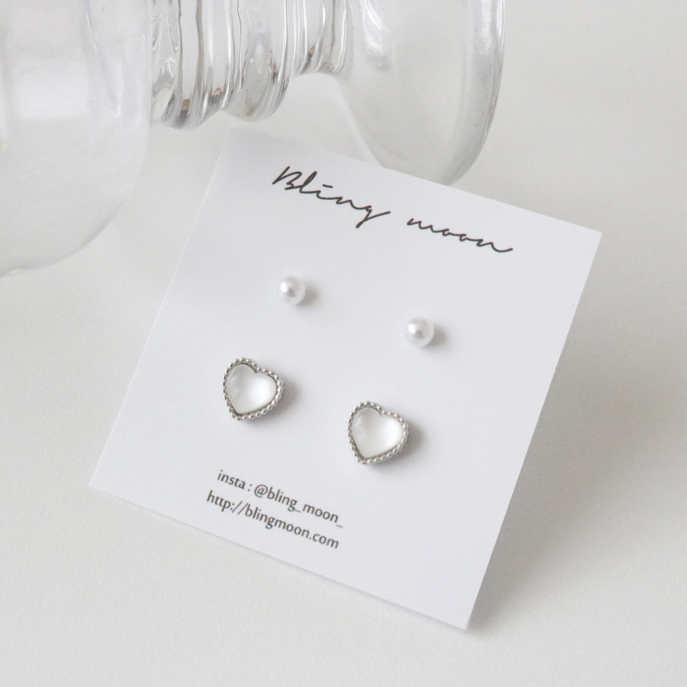 [2 set] Luminous Heart Pearl Earring Set / 2 color