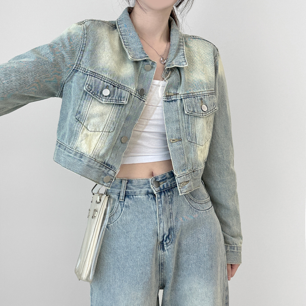 (SET) Washed Denim Crop Jacket Wide Pants Two Piece