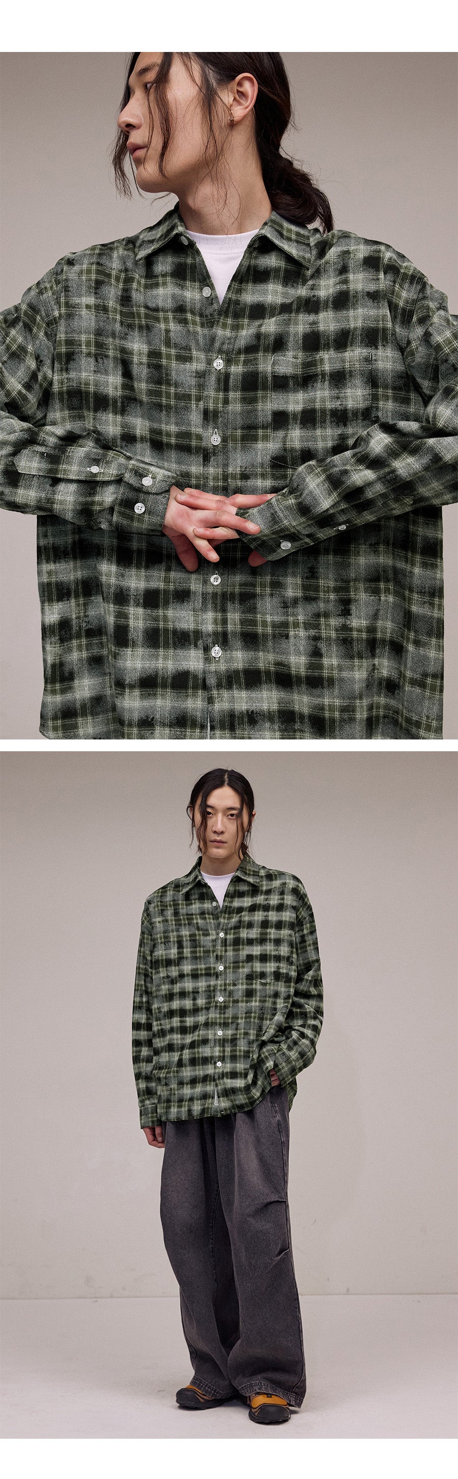 Overfit Damage Washed Check Shirt-Khaki