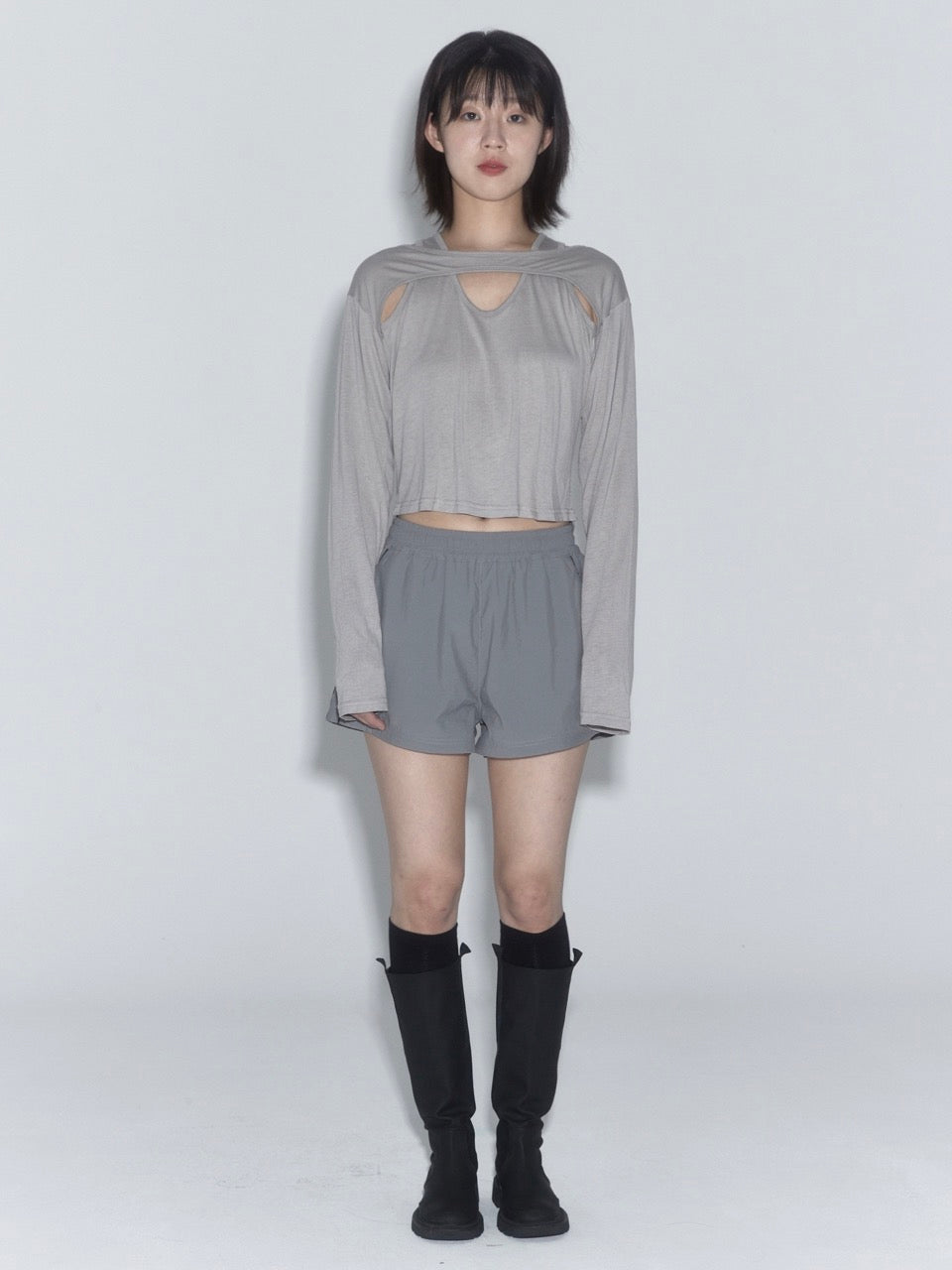 Layered Long Sleeve Top, Grey Beige