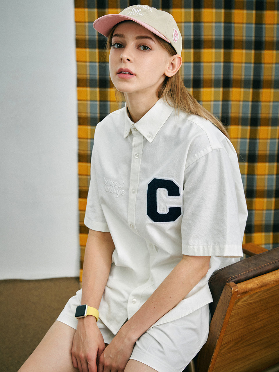 C Patch Short-Sleeved Unisex White Oxford Shirt