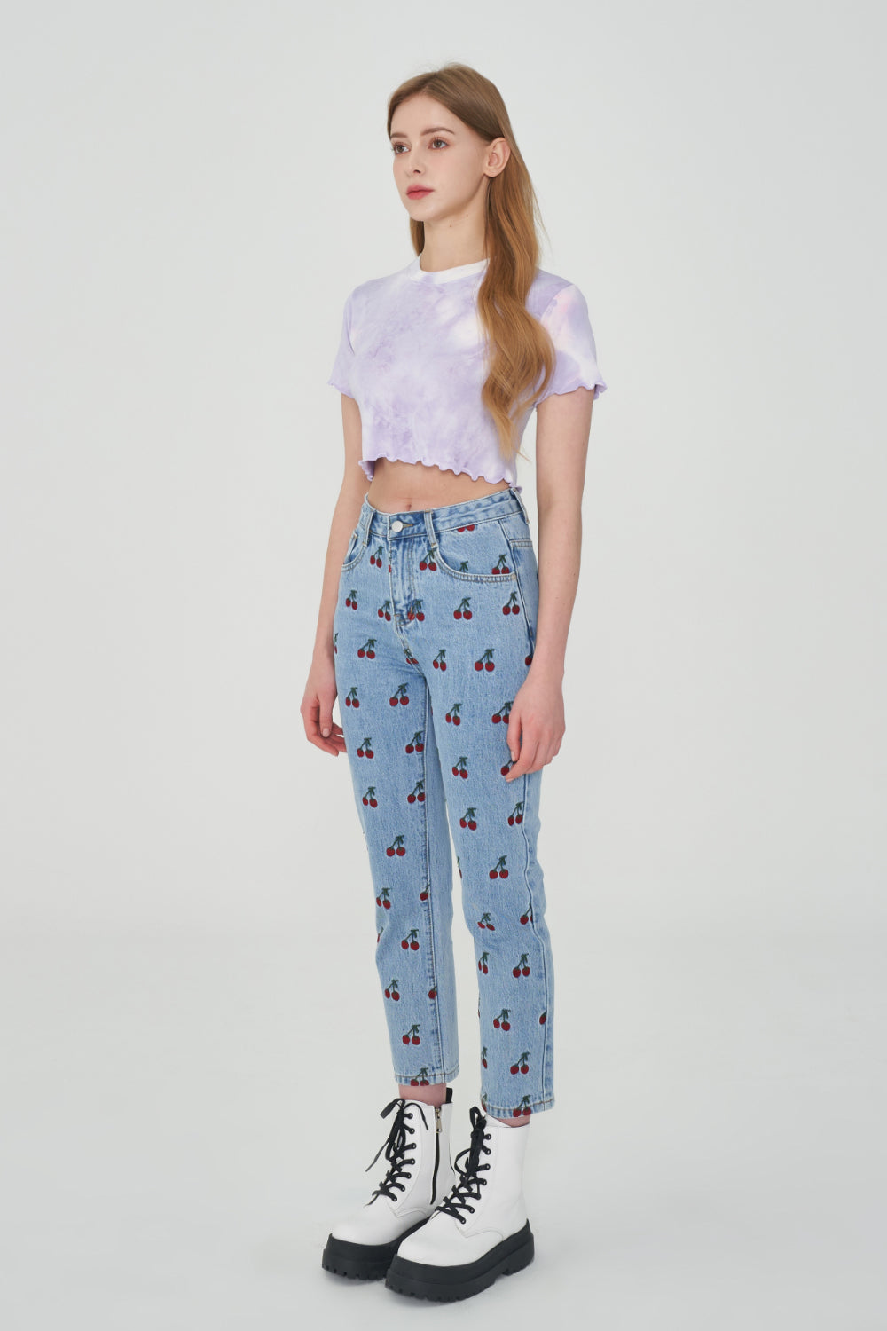 STRAIGHT FIT CHERRY EMBROIDERY DENIM PANTS [6851]