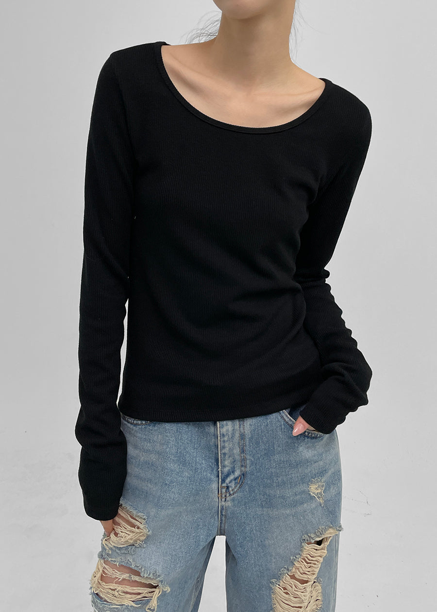 [MADE] Didelli U-Neck Ribbed Long Sleeve T-Shirt