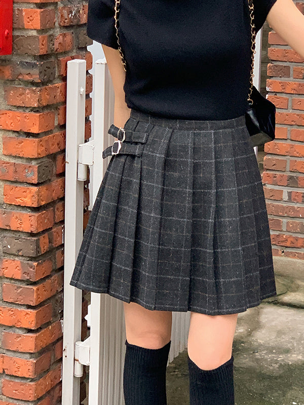 Puzzle Wool Check Bijoe Buckle Pleats Winter Mini Skirt (3 colors)