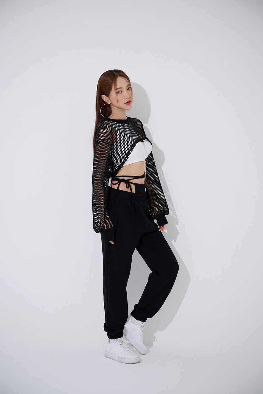 TOP(9368) Mesh Cross Crop Sweatshirt