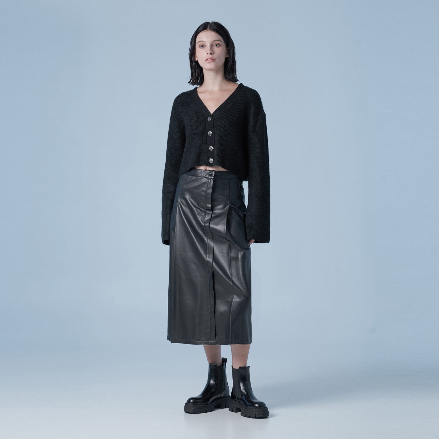 Double Line Pointed Leather  Long Skirt