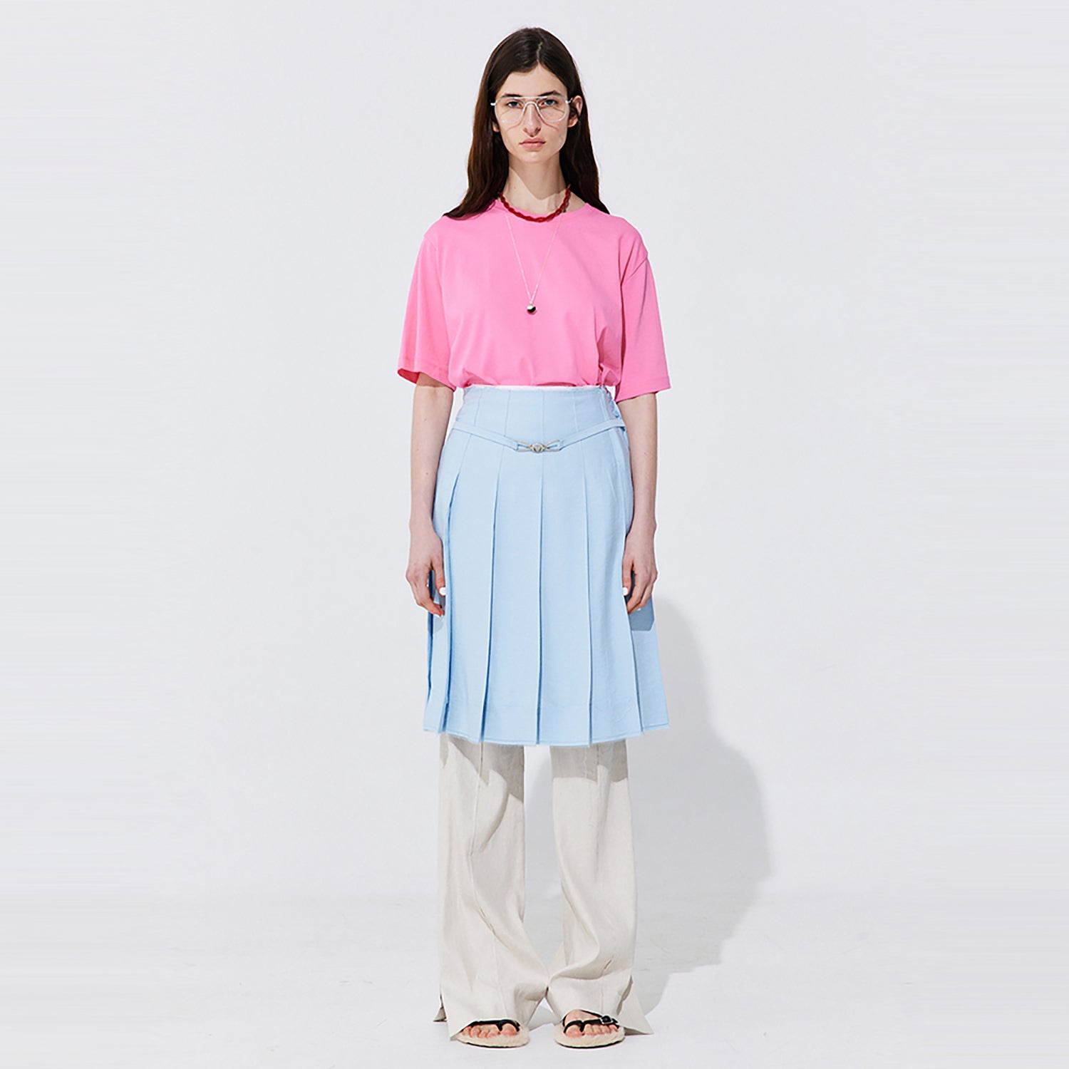 Raw-cut Pleats Skirt_Light Blue