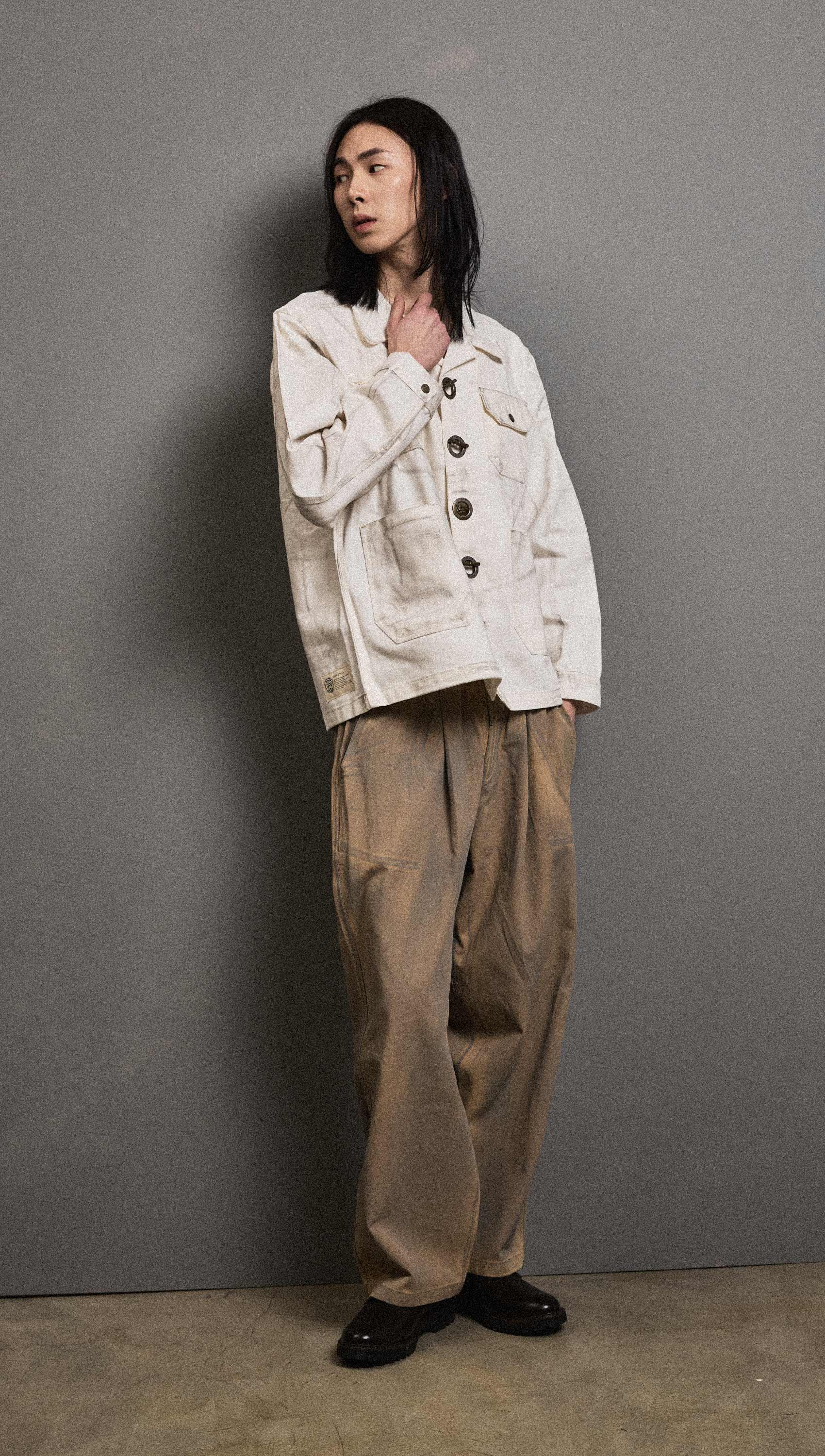 Dirty washed cotton long banding pants (Beige)