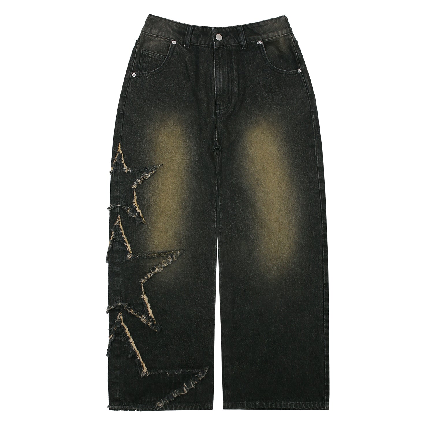 XP178 Star Damage Vintage Wash Denim Pants (BLACK)